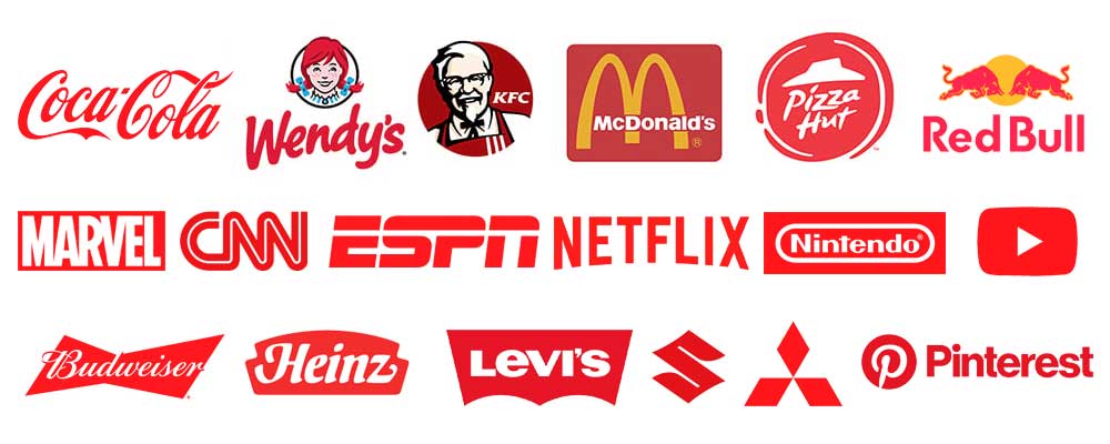 Logomarcas em cor vermelho. A cor vermelha significa dinamismo, agressividade, paixão, energia e perigo. Exemplos: coca-cola, wendy´s, KFC, McDonalds, Pizza Hut, Red Bull, Marvel, CNN, ESPN, Netflix, Nintendo, Youtube, Budweiser, Heinz, Levi´s, Suzuki, Mitsubishi, Pinterest